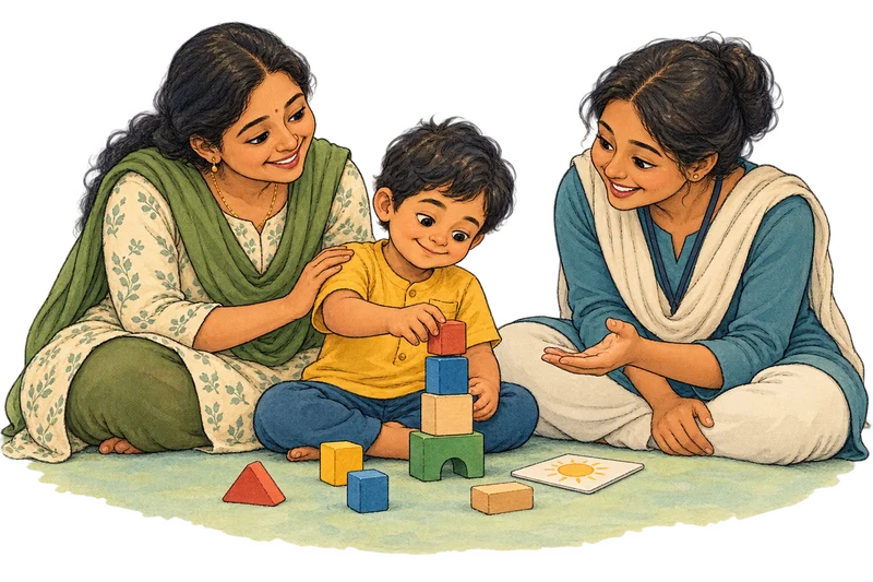 Hand-drawn illustration of a child building blocks with encouragement from a caregiver and therapist