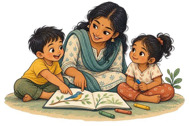Hand-drawn illustration of two children sharing a picture book with their teacher